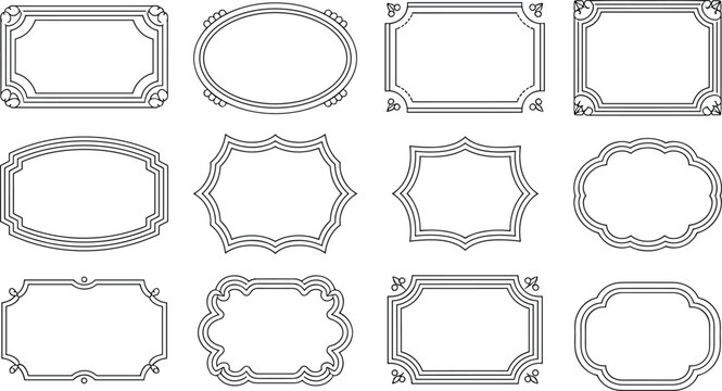 Hand-drawn ornate decorative frames and labels, vintage border designs, rectangular oval scalloped shapes, graphic design elements, invitation packaging scrapbooking illustration concept