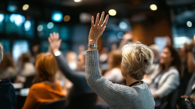 Defocused active participation at conference with attendees raising hands, blurred seminar question or voting scene, with copy space