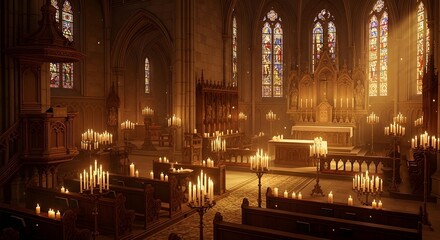Fototapeta premium Interior view of a gothic church with stained glass windows and candles