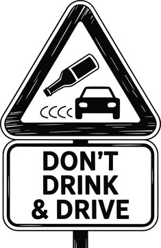 Hand-drawn road safety warning sign, don&rsquo;t drink and drive symbol, bottle and car crash graphic, traffic awareness illustration, anti drunk driving concept