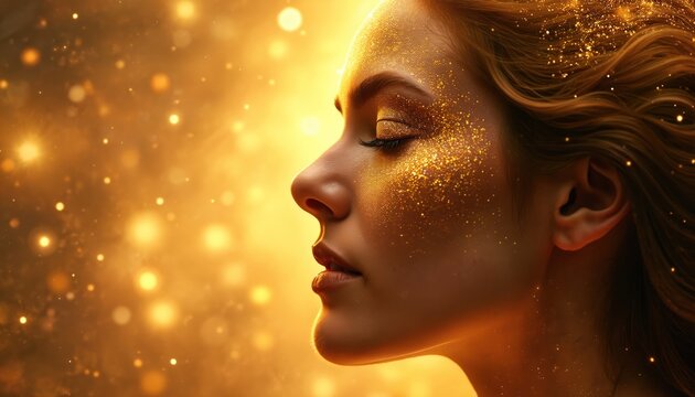 Woman profile with golden glitter on face. Abstract bright bokeh background. Spiritual concept of inner radiance, beauty, and positive energy, mindfulness.