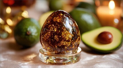 Decorative object centered surrounded by avocados and soft warm candlelight