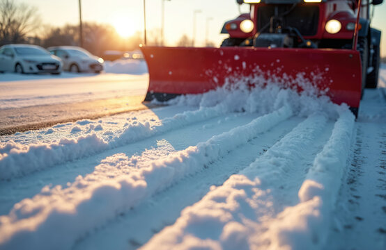 Red snowplow clears fresh snow from parking lot at sunrise. Vehicle leaves smooth tracks in white powder. Cars are parked in background under soft, warm light. Winter maintenance operation.