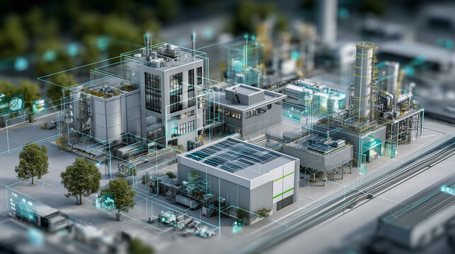 Sustainable industrial technology concept with modern smart factory and digital twin wireframe interface, renewable energy and green manufacturing transition