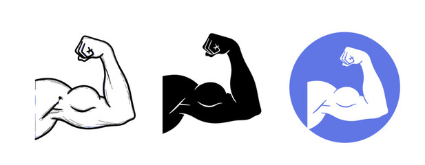 Obraz premium Stylized arm flexing icon set in black and white with blue background circle