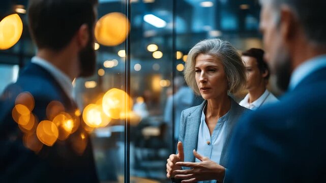 Defocused business meeting discussion, blurred corporate collaboration, professional team conversation scene, with copy space