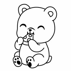 Fototapeta premium Cute teddy bear eating pizza cartoon vector, kawaii mascot character in flat outline illustration style, adorable animal isolated with clean line art, perfect for coloring page, kids design, and stick