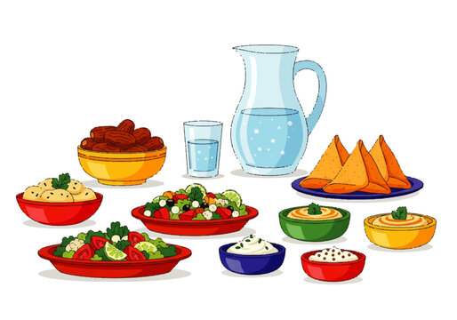 Flat design illustration vector of a colorful spread of international food dishes with a pitcher and glasses of water on a plain white background.