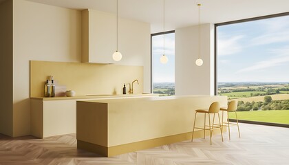 Fototapeta premium Light kitchen interior with island and seats, panoramic window on countryside