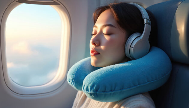 Young asian woman slepic comfortably in airplane seat with neck pillow and headphones. Peaceful journey with clouds outside window. Relaxing flight during day time.