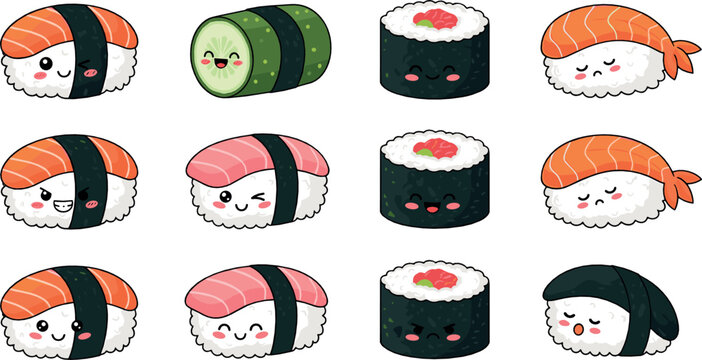 Cute kawaii sushi characters set with smiling nigiri maki rolls and salmon playful cartoon food vector illustration for kids and packaging designs
