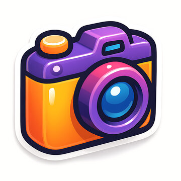 Colorful cartoon camera icon with vibrant purple and orange design.