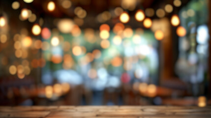 Blurred cozy restaurant interior with warm pendant lighting