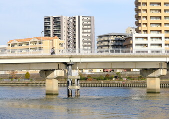 Riverside apartments and a bridge. Urban residential landscape and waterfront development in Japan.