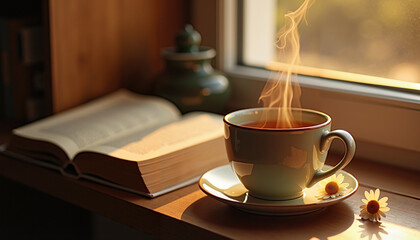 Fototapeta premium Steaming Cup of Tea Beside an Open Book on Sunlit Windowsill, Adorned with Tiny Daisies — Cozy Reading, Mindfulness & Slow Living Concept