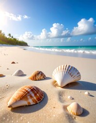 Sunny beach scene with shells. Turquoise water, white sand, and blue sky. Focus on seashells in foreground