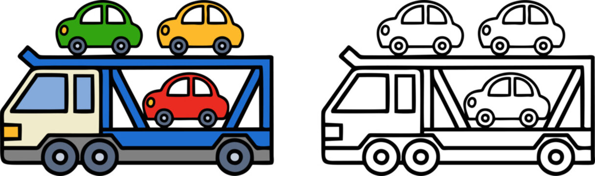 Car carrier truck icon transporting small colorful cars