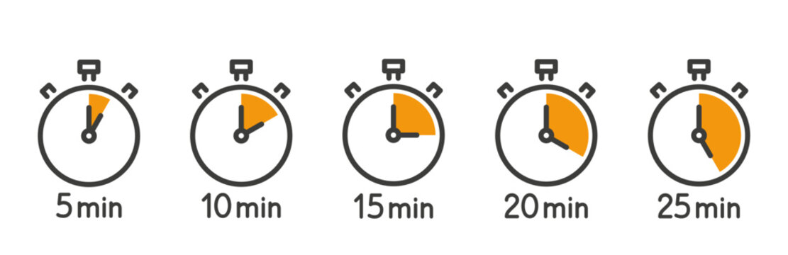 collection of stopwatch icons, five minute intervals concept, 5, 10, 15, 20 and 25 minutes, countdown timer, deadline clocks, line art vector icon, time tracking for cooking