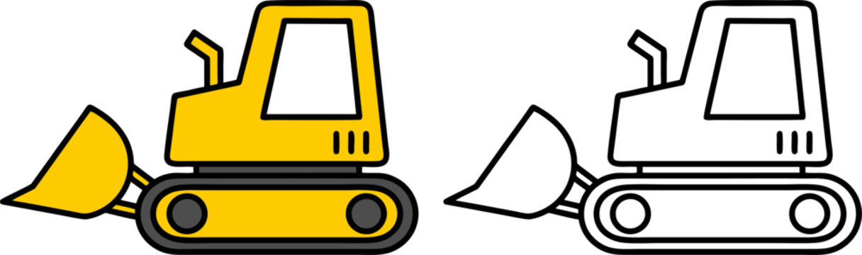 Bulldozer construction vehicle icon in yellow and outline