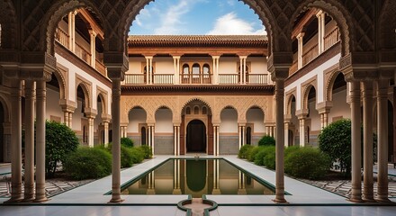 Fototapeta premium Serene courtyard with arched walkways reflecting pool and ornate architecture in a historic building with natural light