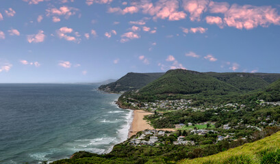 Sea Cliff Bridge on the southern coast of Sydney with sweeping Ocean Views and Mountain terrain. a...