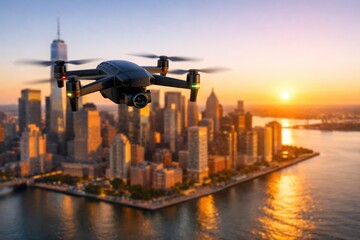 Naklejka premium Aerial drone flying over modern city skyline at sunset