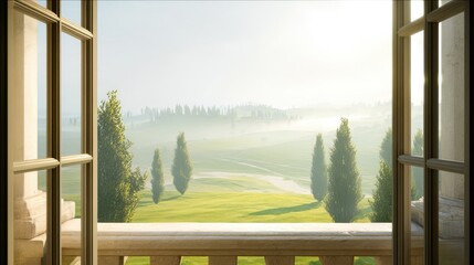 Fototapeta premium Elegant countryside landscape view through window with morning light and trees