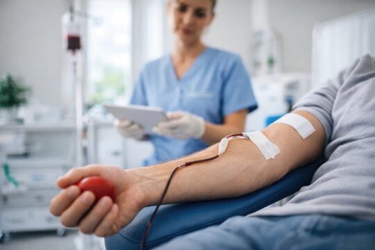 Blood donation process with medical nurse and donor arm close up in clinic