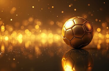 Fototapeta premium Golden soccer ball rests on reflective surface with bokeh lights. Elite sports award trophy celebrates victory, championship win. Luxurious game prize.