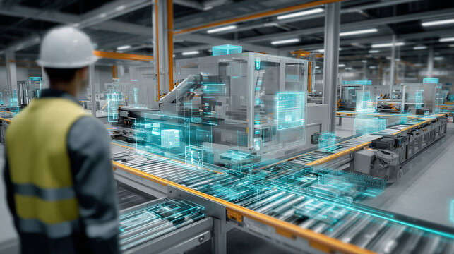 Smart factory and human-centered AI concept, industrial worker supervising automated production line with digital twin hologram interface