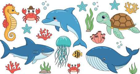 Cute ocean animals illustration set with whale, dolphin, shark, turtle and sea creatures in colorful flat vector cartoon style for kids and marine design © MdNazmul