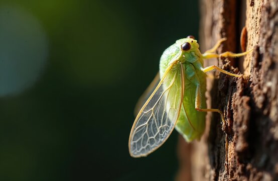 Newly molted green cicada insect climbs on tree bark. Transparent wings and body detail visible. Wild bug transforms, grows, lives in nature.