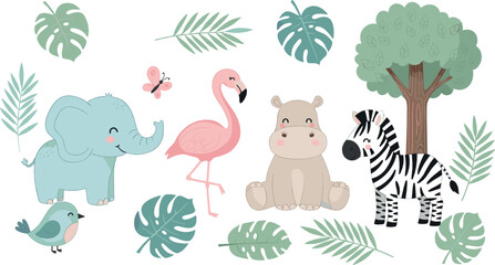 Cute safari animal illustration set with elephant, flamingo, hippo, zebra, bird, tree, and tropical leaves for kids, nursery, and playful nature designs © MdNazmul