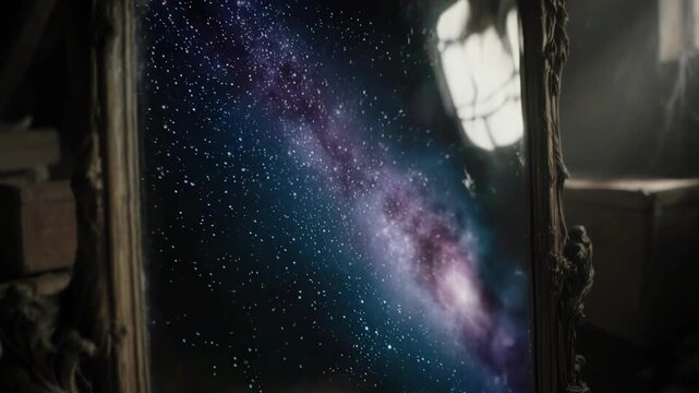 Attic Mirror Rift. Hidden Portal. Sci-Fi/Surreal. An ornate dusty mirror where the glass ripples like water to reveal a starry galaxy within, set in a cluttered, dark vintage attic
