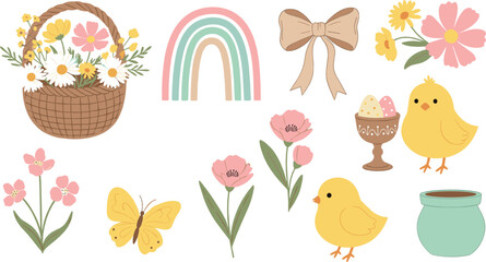 Cute spring and Easter illustration set with chicks, flowers, basket, rainbow, butterfly, bow, and pastel decorative elements in hand drawn vector style © MdNazmul