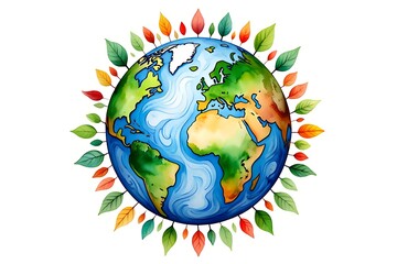 Vibrant watercolor illustration of planet earth surrounded by a colorful ring of autumn leaves symbolizing environmental protection and nature s beauty