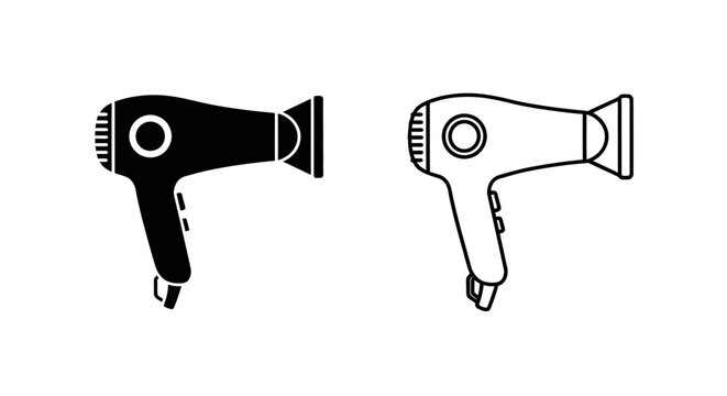 Black and white hair dryer vector icon set, professional styling tools illustration Vector