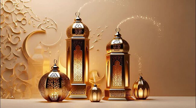 Ramadan video intro, lantern on green background, ramadan greetings, chandelier in the old room