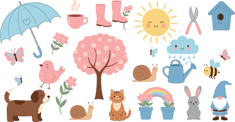 Cute spring illustration set with garden animals, flowers, rain, sun, rainbow, tools, and cozy nature elements for kids, nursery, and seasonal design projects © MdNazmul
