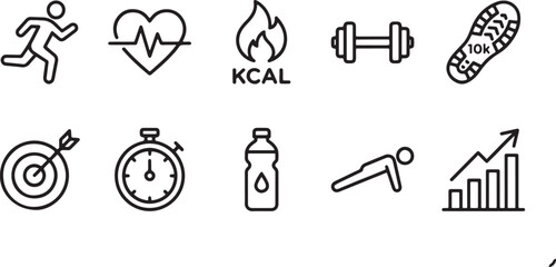 Fototapeta premium A collection of ten minimalist line icons representing various fitness activities and health tracking metrics.