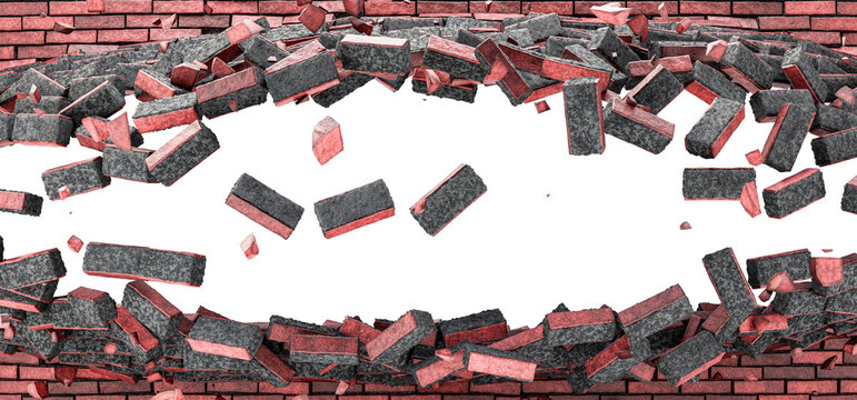 Exploded red brick wall. Textured background, isolated image, space for text. Destroyed brick wall. Hole in the brick wall for your design. 3D render.
