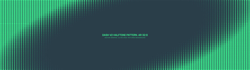 Fototapeta premium Dash grid halftone pattern tilted elliptical frame ultra wide 32:9 aspect ratio mint green vector conceptual dynamic abstract background. Dashed half tone ultrawide retro futuristic technology concept