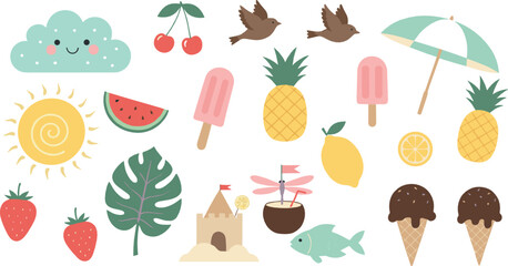 Cute summer illustration set with tropical fruits, ice cream, beach elements, sun, birds, umbrella, and playful pastel icons for kids and seasonal designs