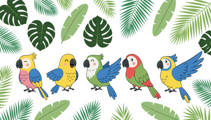 Obraz premium Cute tropical parrots with palm leaves colorful exotic birds playful cartoon vector illustration for kids designs jungle themes and summer decorations