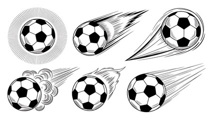 Minimalist black and white football graphics depicting speed and energy through stylized motion lines and circular burst effects