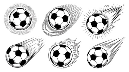 Collection of soccer ball drawings featuring creative action lines and movement symbols perfect for sports posters and apparel