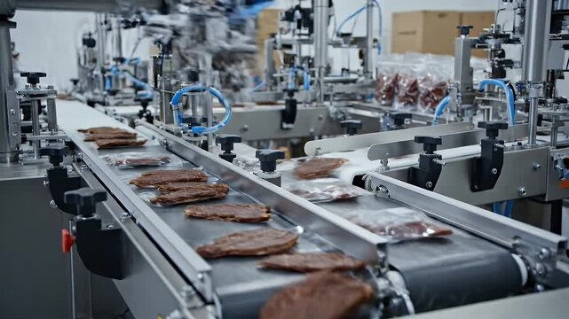Beef Jerky Production Line Moving Slices of Dried Meat on Conveyor Belt in Modern Food Processing