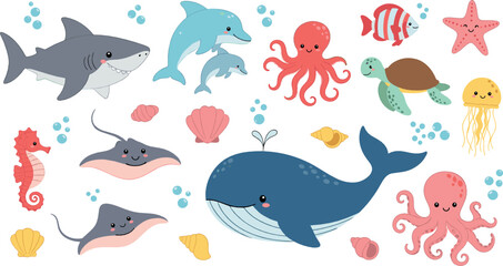 Cute underwater sea animal illustration set with whale, shark, dolphin, octopus, turtle, stingray, fish, and colorful marine elements for kids designs © MdNazmul