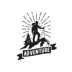 Naklejka premium Vintage Hiker Silhouette on Mountain Peak with Backpack, Trekking Pole, and Adventure Banner