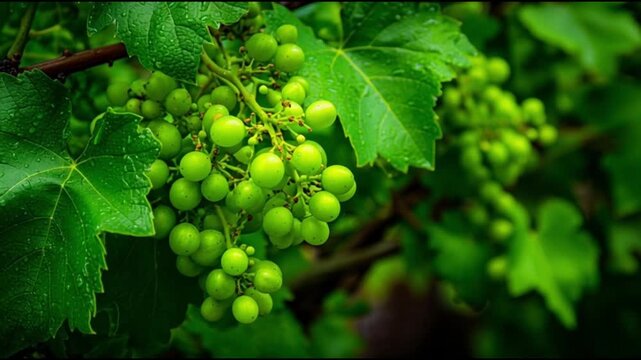Fresh green grapes hanging from lush vine with dewy leaves